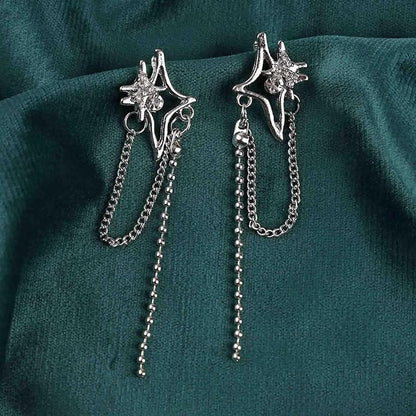 Vintage Crystal Northstar+Chain Drop Earrings Silver