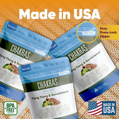 Chakras Bath Salt (3 Pack with Scoop) USP Epsom Salt with Natural Ylang Ylang and Sandalwood Essential Oils Plus Vitamin C in BPA Free Pouch with Easy Press Lock Seal Made in USA Bundle 6 Lbs Total