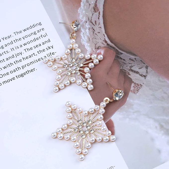 Vintage Pearl Star Drop Earrings Crystal