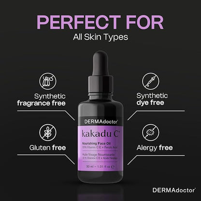 DERMAdoctor 20% Vitamin C Face Oil with Vitamin E & Ferulic Acid | Kakadu C High-Potency Evening Oil, Anti-Aging, Brightening & Hydrating Glow | For All Skin Types – 1.01 fl oz