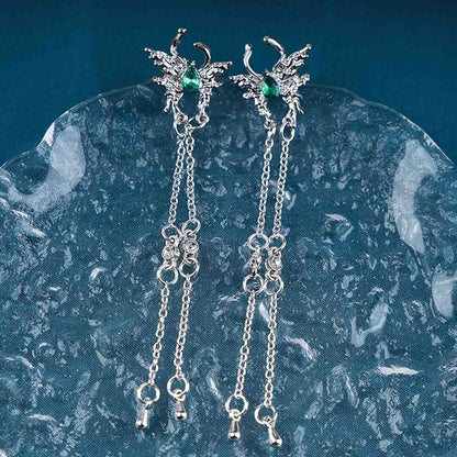 Vintage Emerald Butterfly Earrings Silver Chain Tassel Drop