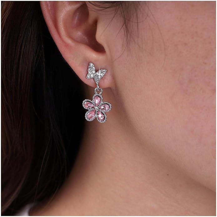 Vintage Pink Crystal Flower Earrings Butterfly