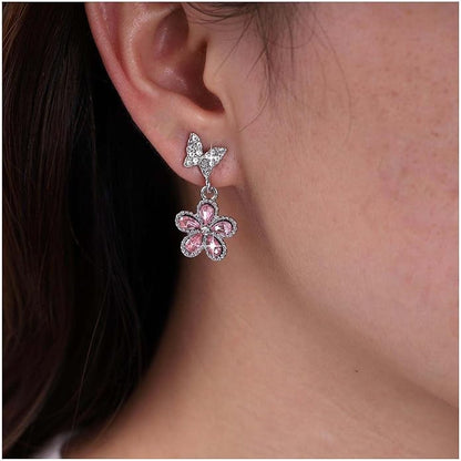 Vintage Pink Crystal Flower Earrings Butterfly