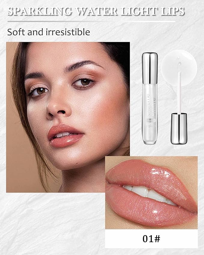 Clear Glitter Lip Gloss Lip Plumper, Hydrating Lip Glow Oil Plumping Lip Oil Gloss, Long Lasting Moisturizing Tinted Jelly Lip Gloss,Shimmer High Shine Lipgloss Lip Glaze for Women Girls-01