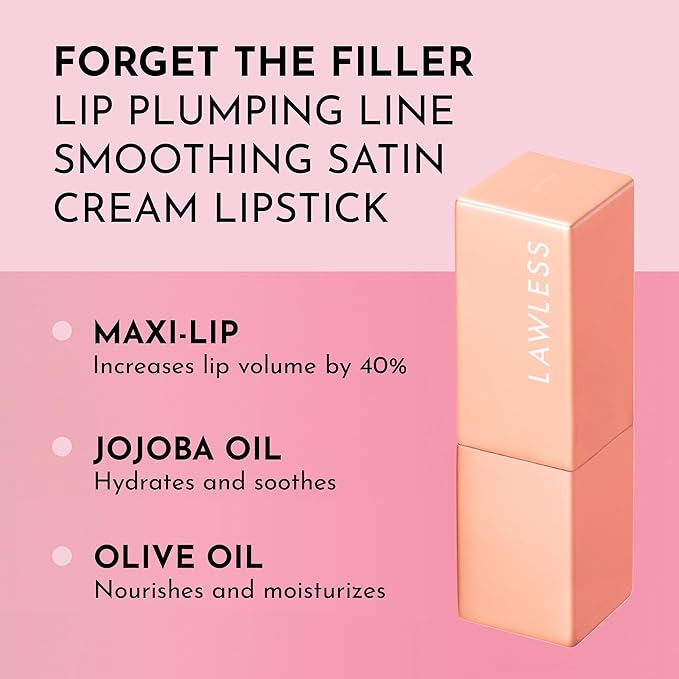 Lawless Forget the Filler Lip-Plumping Line-Smoothing Satin Cream Lipstick - Daisy Girl - Natural Ingredients Smooth and Hydrate Lips for a Plumper, Fuller Look - 3.7g