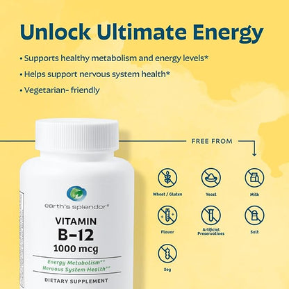 Earth's Splendor Energy & Hair Support: Vitamin B12 (200 Tablets) + Biotin 10,000 mcg & Keratin 25mg (60-Day Supply) - Boosts Energy, Hair, Nails & Skin - No Artificial Colors, Gluten Free