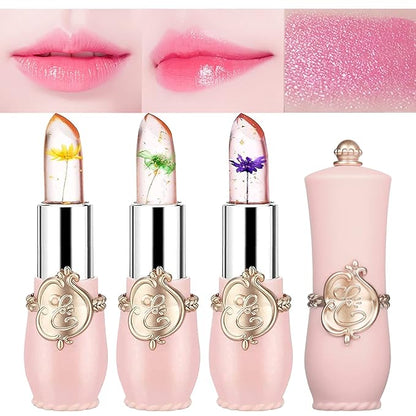 Pack of 3 Crystal Flower Lipstick Color Changing Lipstick Magic Lipstick Jelly Clear Lipstick,Long Lasting Nutritious Moisturizer Temperature Lip Stain Lip Gloss