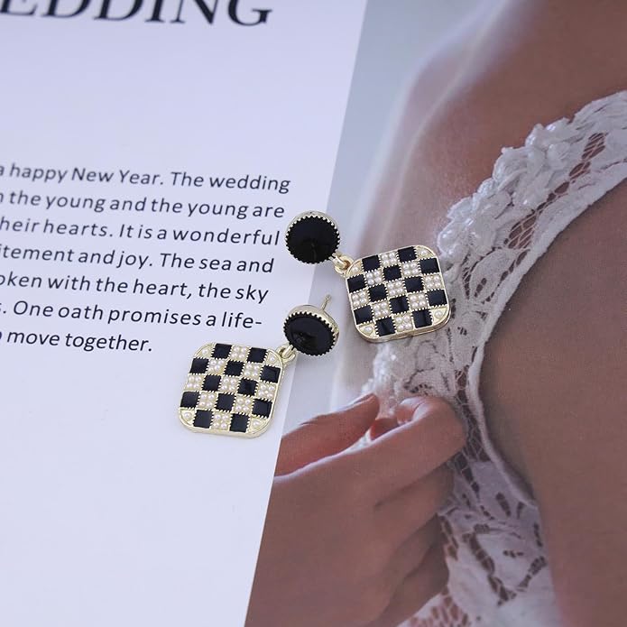 Vintage Black White Checkered Earrings Geometric