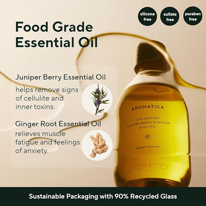 AROMATICA Circulating Body Oil Juniper Berry & Ginger -3.38 fl. oz. - Aromatherapy Massage Oil - Vegan Essential and Non Toxic Body Oil - After Shower Body Oil for Women