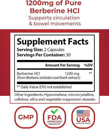 Elovate Berberine HCI Capsules, 1200mg - All-Natural, 3rd-Party-Tested, Non-GMO & Gluten-Free Berberine Supplement for Heart & Digestion, 60 Counts