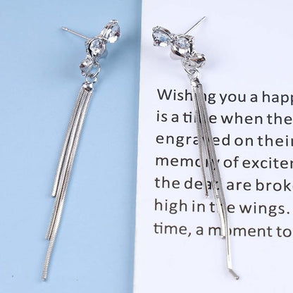 Vintage Crystal Bow Chain Drop Earrings Rhinestone Heart