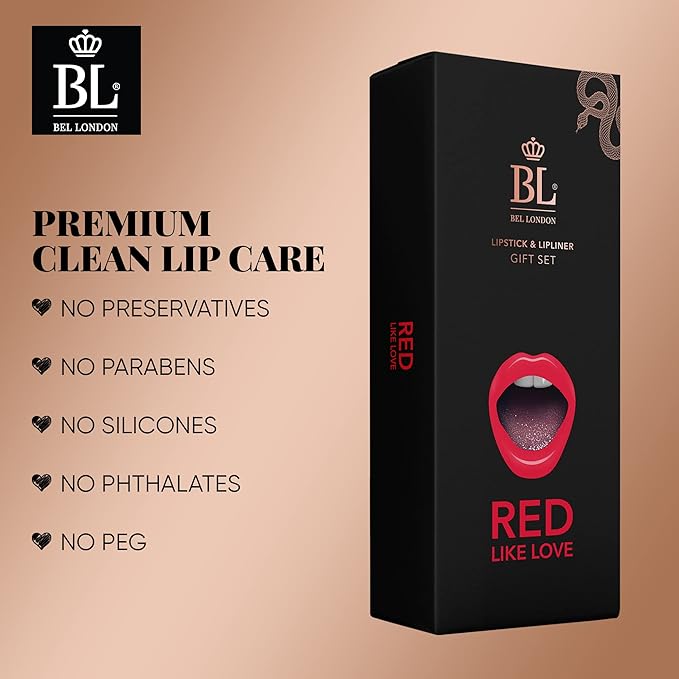 BL Color Matched Lip Liner & Lipstick Set (Red) - Full-Coverage Argan Long Lasting Lipstick and Lip Liner Set With Natural Oils for Nourishment, Hydration, & Protection - Chemical-Free
