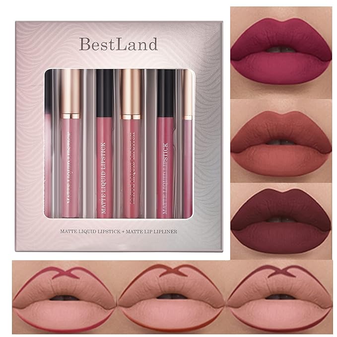 URQT 6pcs Lip Liner and Lipstick Makeup Set, 3 Velvety Matte Liquid Lipsticks + 3 Matching Smooth Lip Liner One Step Lips Makeup Kits Waterproof Long Lasting Matte Lipstick Gift Set (Set D, 6)