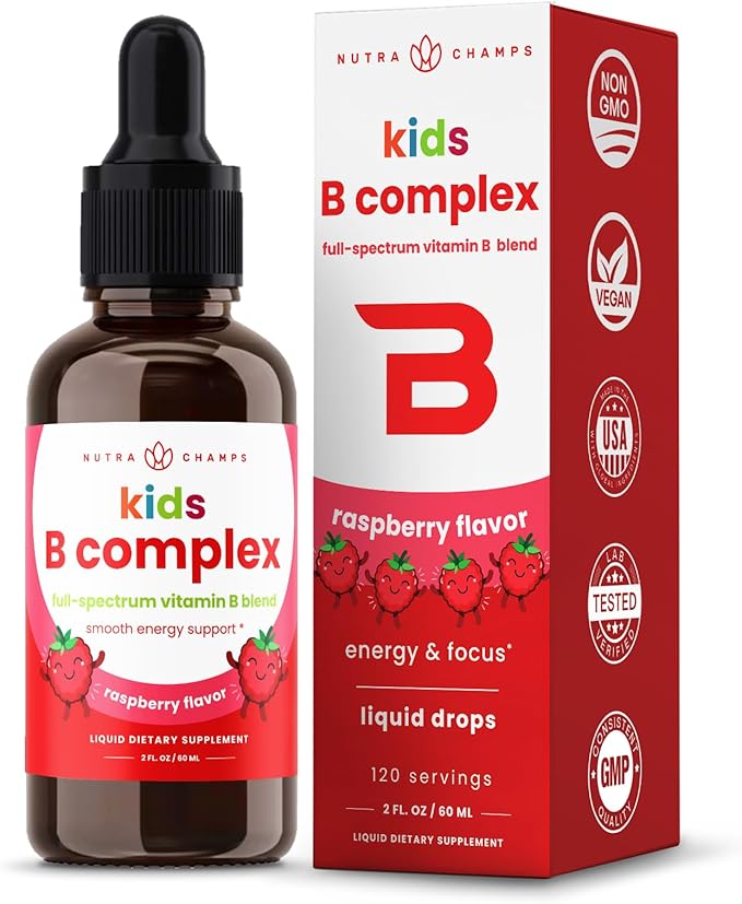 NutraChamps Vitamin B Complex for Kids, B1, B2, B3, B6, B7, B9 & Methyl B12, Kids B Complex Liquid Drops Supplement, Energy, Focus, Metabolism, Natural Berry, 120 Servings, 4 Month Supply