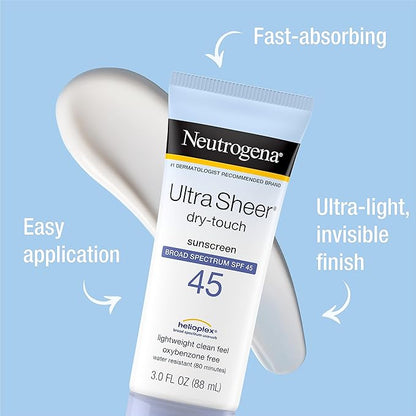 Neutrogena Ultra Sheer Dry-Touch Water Resistant and Non-Greasy Sunscreen Lotion with Broad Spectrum SPF 45, 3 fl. oz, (Pack of 2)