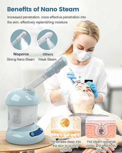 Nisperos Nano Ionic Facial Steamer - 360° Rotatable Sprayer - 40 Minutes Warm Mist - Humidifier - Professional Face Steamer for Facial Deep Cleaning (Light Blue)