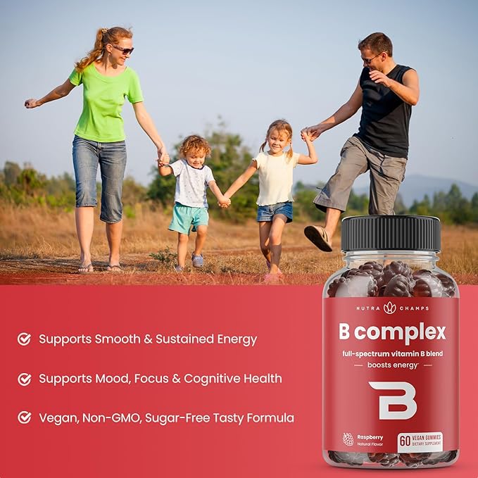 NutraChamps Vitamin B Complex Gummies, Vitamin B Gummies Boosts Energy, B Complex Vitamins B1, B2 (Riboflavin), B3 (Niacin), B5, B6, B7 (Biotin), B9 (Folic Acid), Methyl B12