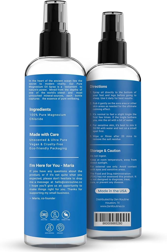 Pure Organic Magnesium Oil Spray | Made in USA 8 fl oz/237ml (2 Pack)