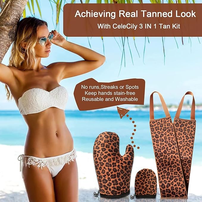 Self Tanning Mitt Applicator- GRINEER 3 Pieces Self Tanning Mitt Applicator Kit, Includes Tanning Mitt, Mini Face Mitt, Back Lotion Applicator (Leopard)