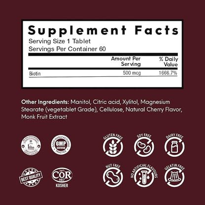 Biotin 500 mcg I Supports Healthy Hair, Nail & Skin I 60 Melting Tablets - 1 Pack I Cherry Flavor