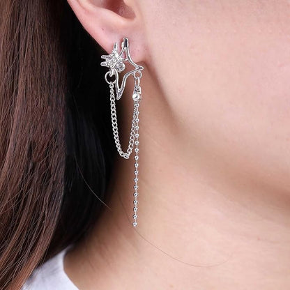 Vintage Crystal Northstar+Chain Drop Earrings Silver