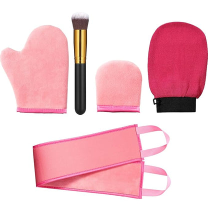5 Pieces Self Tanning Mitt Applicator Kit, Includes Exfoliating Glove, Tanning Mitt, Mini Face Mitt, Back Lotion Applicator with Self Tanner Brush Large Flat Top Makeup Brush (Pink)
