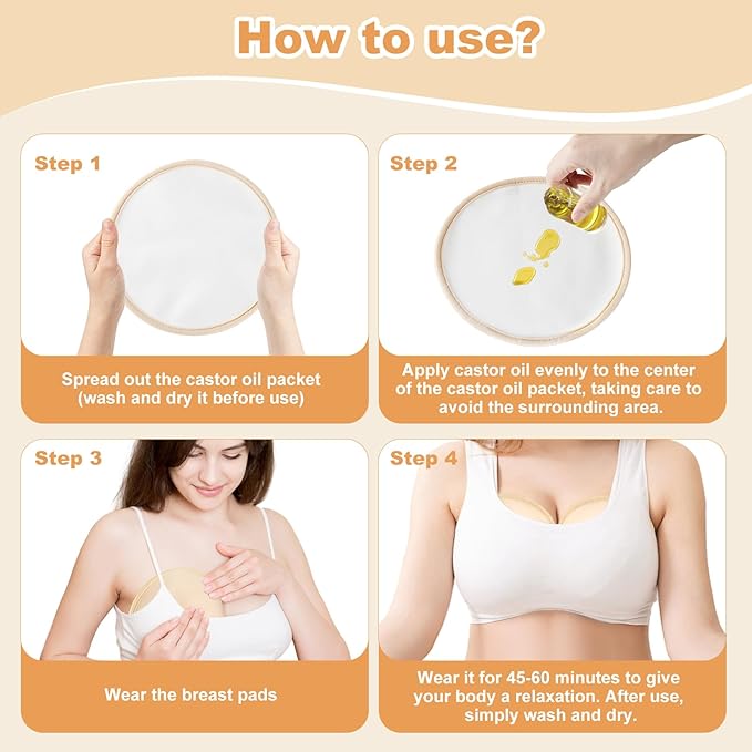 Castor Oil Pack for Breast, 4 PCS Reusable Organic Castor Oil Pack Wrap, Soft Breast Pads for Relaxing Sleeping (Oil Not Included)-Khaki