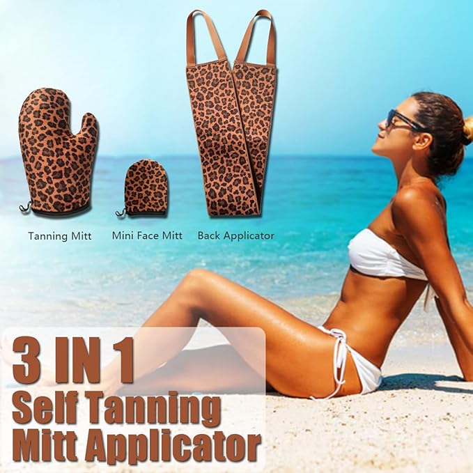 Self Tanning Mitt Applicator- GRINEER 3 Pieces Self Tanning Mitt Applicator Kit, Includes Tanning Mitt, Mini Face Mitt, Back Lotion Applicator (Leopard)