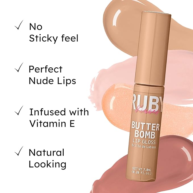 Ruby Kisses Lip Gloss Butter Bomb Gloss Non-Sticky Lip Gloss Vitamin E Natural Nude Lip Makeup - 7.8mL (0.26 US fl.oz) (White Lie)