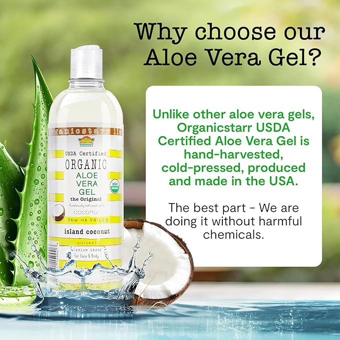 USDA Certified Organic Aloe Vera Gel 12 oz - 100% Pure, Cold Pressed, Hand Harvested, Infused with Natural Coconut Extract, Chemical-Free - Skin & Hair Care, Made in USA