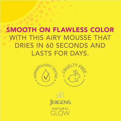Jergens Natural Glow Instant Self Tanner Mousse, Sunless Tanning Light Bronze Tan, for a Natural-looking Tan, 6 Oz, Pack of 2