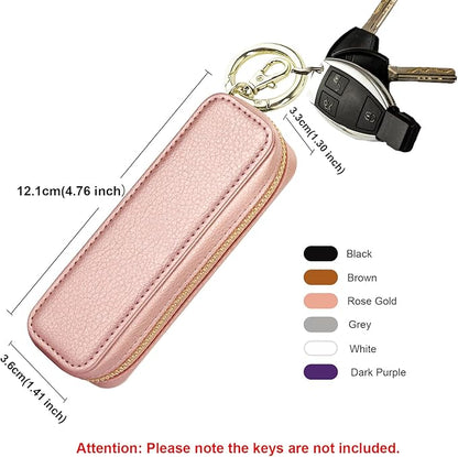 Bocasal Leather Lipstick Case Holder Chapstick Keychain Pouch, Zipper Lip Balm Lip Gloss Bag for Purse with Elastic Band, Makeup Travel Organizer, Cosmetic Storage Kit for Women Girls (Rose Gold)