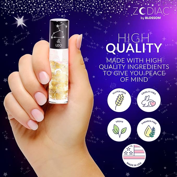 Blossom Zodiac Sign Vanilla Scented Moisturizing Roll-On Lip Gloss with Crystals, Made in USA, 0.20 fl. oz./5.9ml, Leo