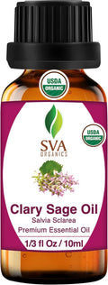 SVA Clary Sage Essential Oil Organic – 1/3 Fl Oz – 100% Natural Organic Clary Sage Oil - for Diffuser, Hair Care, Face, Skin Care, Aromatherapy, Scalp and Body Massage, Soap and Candle Making