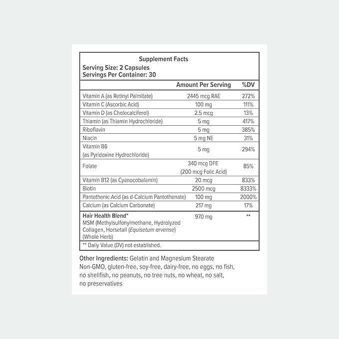 Biotin Hair Multivitamins, 2500mcg Biotin with Collagen, 60 Capsules, 30 Day Supply