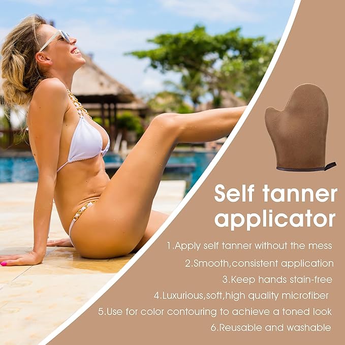 Self Tanning Mitt Applicator Kit, Bronze Tan Self Tanning Mitt Self Tanner Mitt With Thumb Machine Washable and Reusable Back Applicator Mitt, Ultra Soft and Streak Free(Brown)