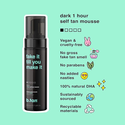 B.TAN Dark Self Tanner Mousse, 1 Hour Sunless Tan, Vegan, Cruelty Free, 6.7 Fl Oz