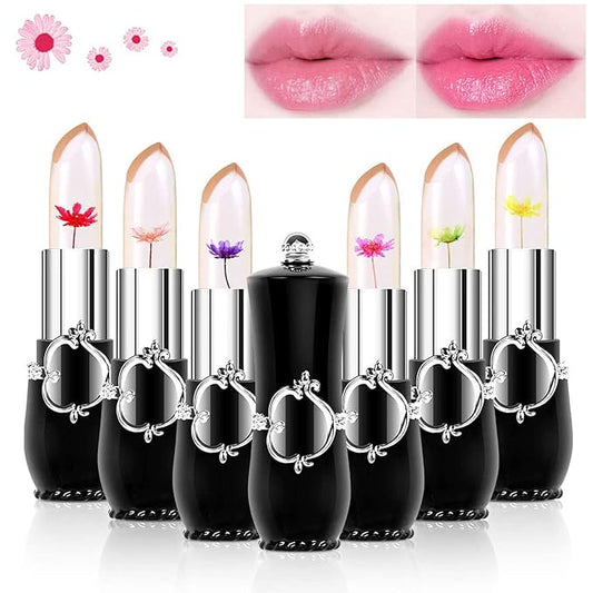 Clear Flower Jelly Lipstick, 6 Packs Nutritious Moisturizer Lip Balm Temperature Color Change Lipstick Matte Long Lasting Lip Gloss (Black)