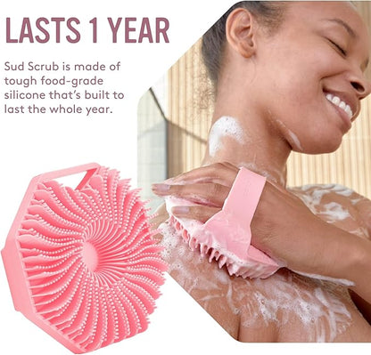 Sud Scrub® Antimicrobial Silicone Body Scrubber, Exfoliating Body Scrubber for Sensitive Skin, Eco Friendly Shower Scrubber for Body, Silicone Body Brush for Showering, Pink