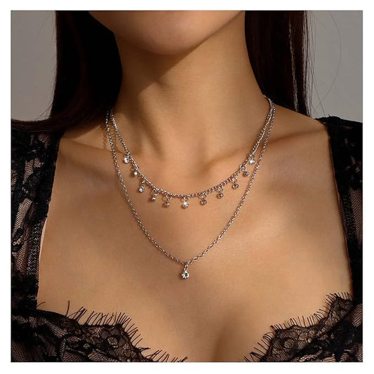 Boho Layered Silver Choker Necklace Crystal