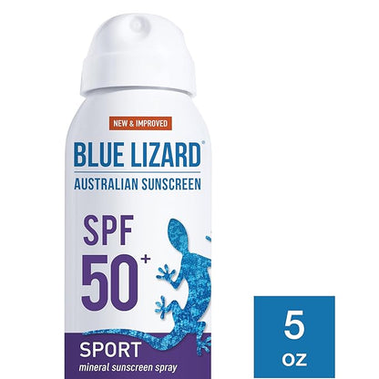 BLUE LIZARD Sport Mineral Sunscreen Spray SPF 50+, Dermatologist-Recommended Brand, Broad-Spectrum UVA/UVB Protection, Water-Resistant, Zinc Oxide Formula, Vegan, 5 fl oz