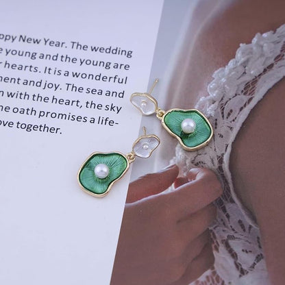 Vintage Lotus leaf Pearl Drop Earrings