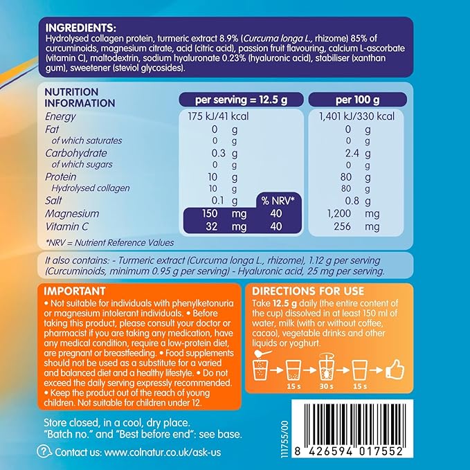 COLNATUR Complex Collagen Turmeric Flavor 250g – Joints, Bones, Muscles, Teeth and Skin – Collagen and Vitamin C