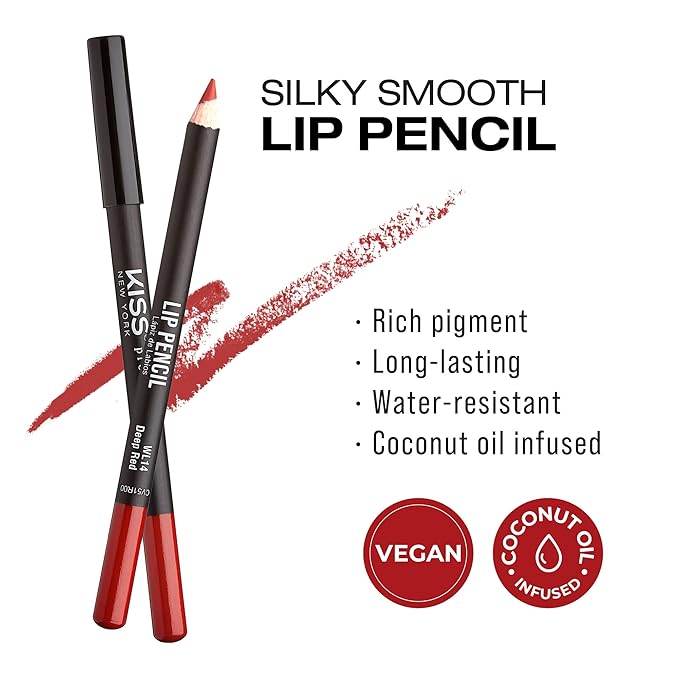 KISS New York Professional Slim Lip Pencil, Creamy Soft Lip Liner, Smooth Long-Lasting Rich Lip Color, Natural Lip Makeup, Water-Resistant Lip Crayon (Deep Red)