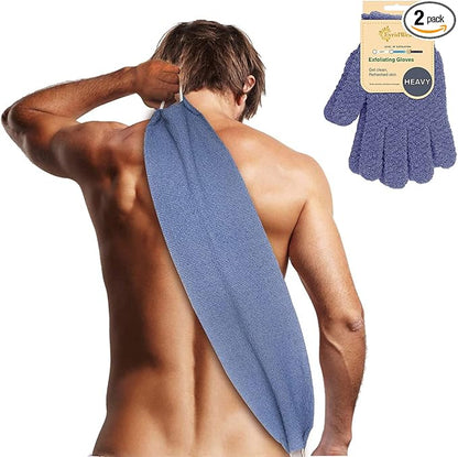Evridwear Exfoliating Back Scrubber with Handles Two Sides for Body Shower Deep Cleans Skin Massages Invigorating Blood Circulation Men Women One Size (Back Scrubber + Heavy Gloves)