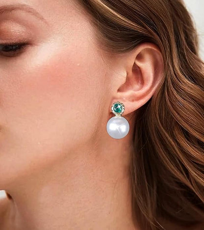 Vintage Emerald Pearl Earrings Gold Pearl Drop Earrings