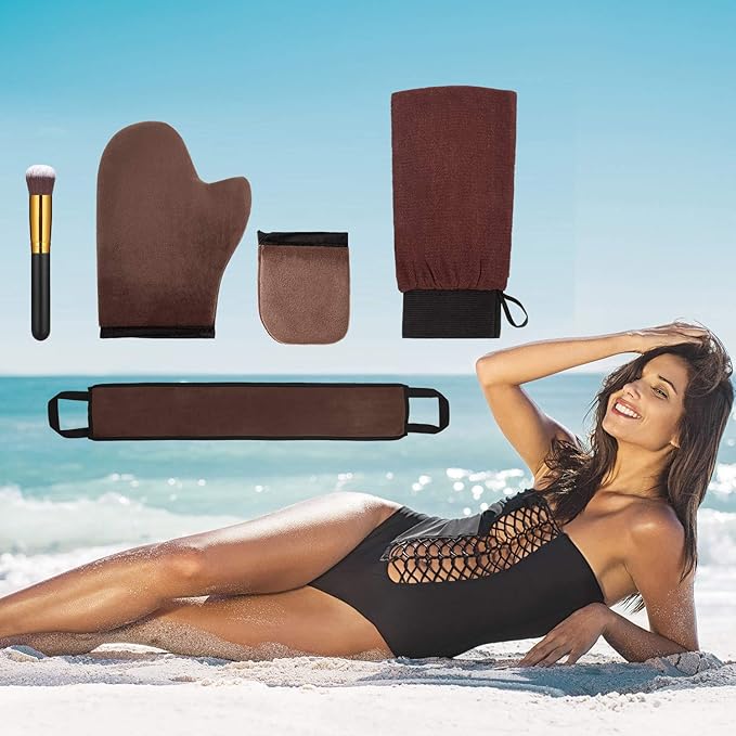 5 Pieces Self Tanning Mitt Applicator Kit, Includes Exfoliating Glove, Tanning Mitt, Mini Face Mitt, Back Lotion Applicator with Self Tanner Brush Large Flat Top Makeup Brush (Brown)