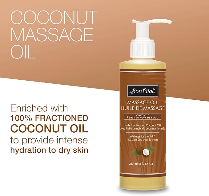 Bon Vital' Coconut Massage Oil with 100% Pure Fractionated Coconut Oil to Repair Dry Skin, Used by Massage Therapists and At-Home Use for Therapeutic Massages and Relaxation, 8 Oz, Label may Vary