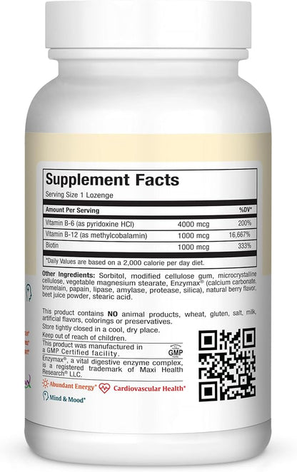 Maxi Health Triple B Lozenges - Vitamin B12 & B6 & Biotin - Strawberry Flavor - 180 Chewies - Kosher