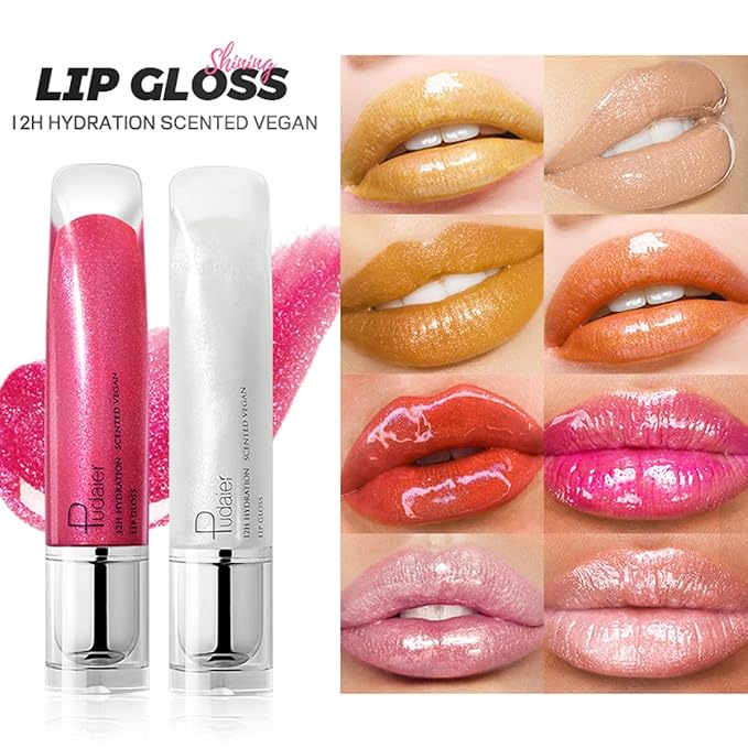 AKARY Shimmery Glitter Lip Gloss, Tinted Hydrating Waterproof Long Lasting Liquid Lipstick for Lip Plumper Makeup with Jojoba Seed OilRosa, Sparkle Lipstick Moisturizing High Shine Lip Glow Stain, 04